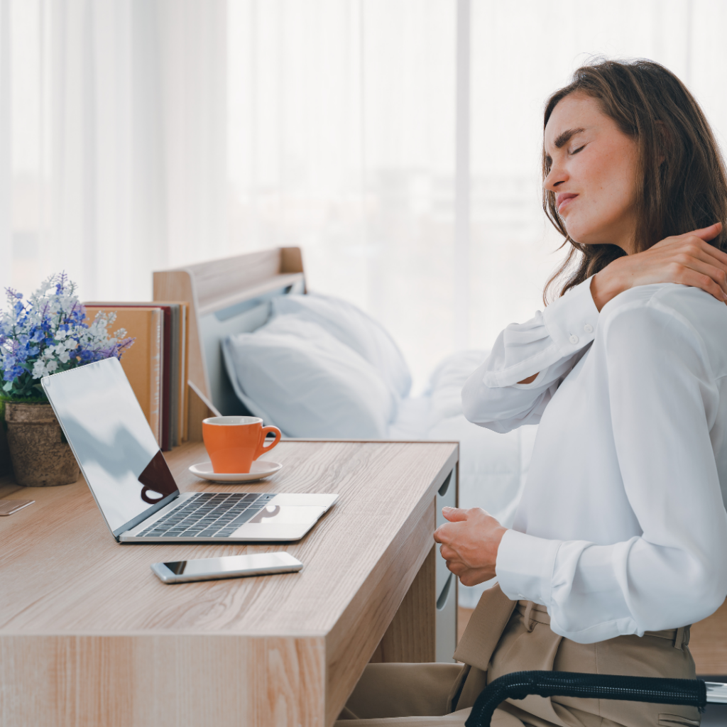 Person working at a desk in poor posture contrasted with same person experiencing shoulder pain during gym workout