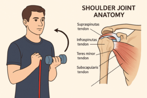 Person doing shoulder rehab with visual of tendons and rotator cuff anatomy