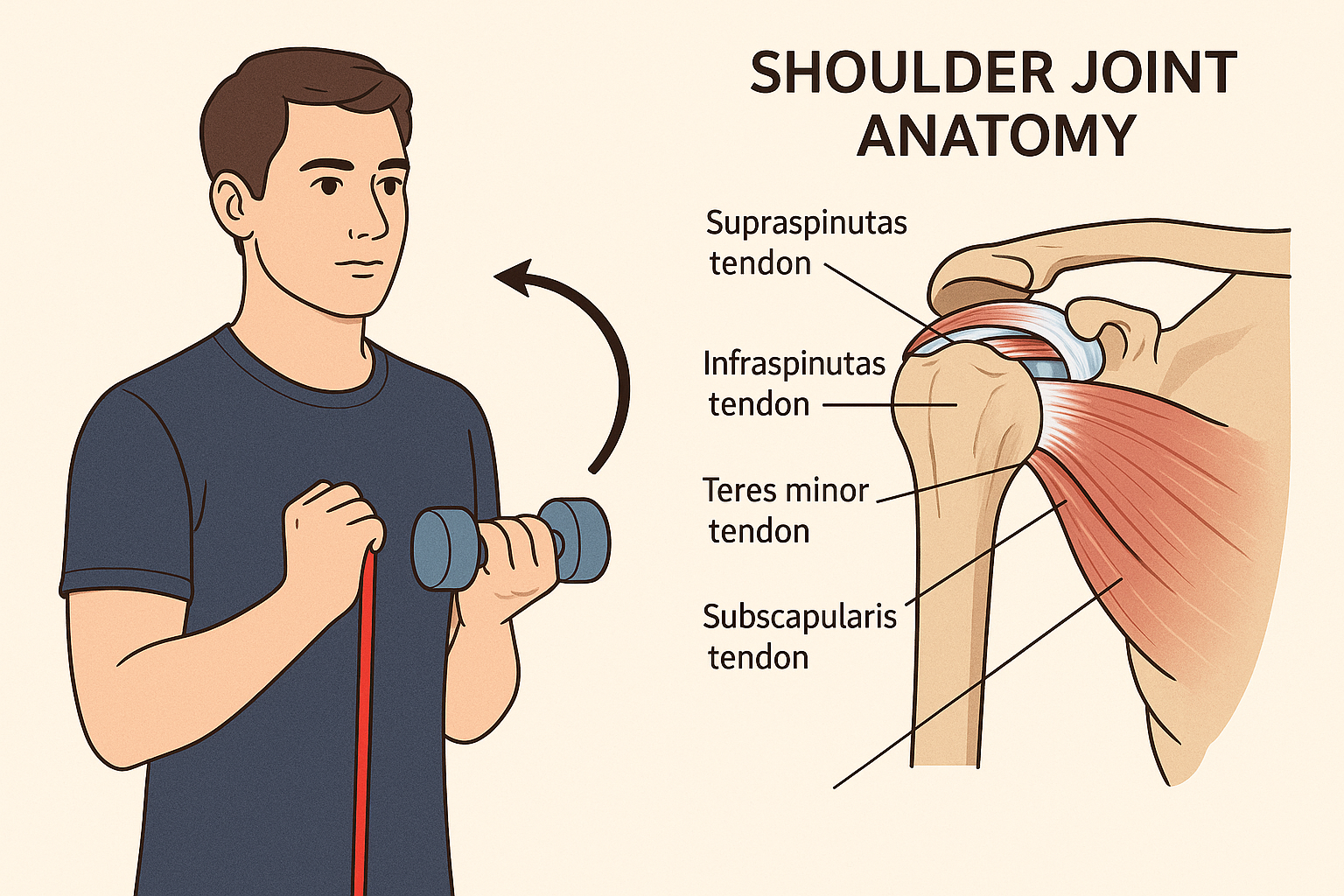 Person doing shoulder rehab with visual of tendons and rotator cuff anatomy