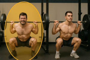 Athlete doing a box squat with hip alignment cues to address hip pain during squats.