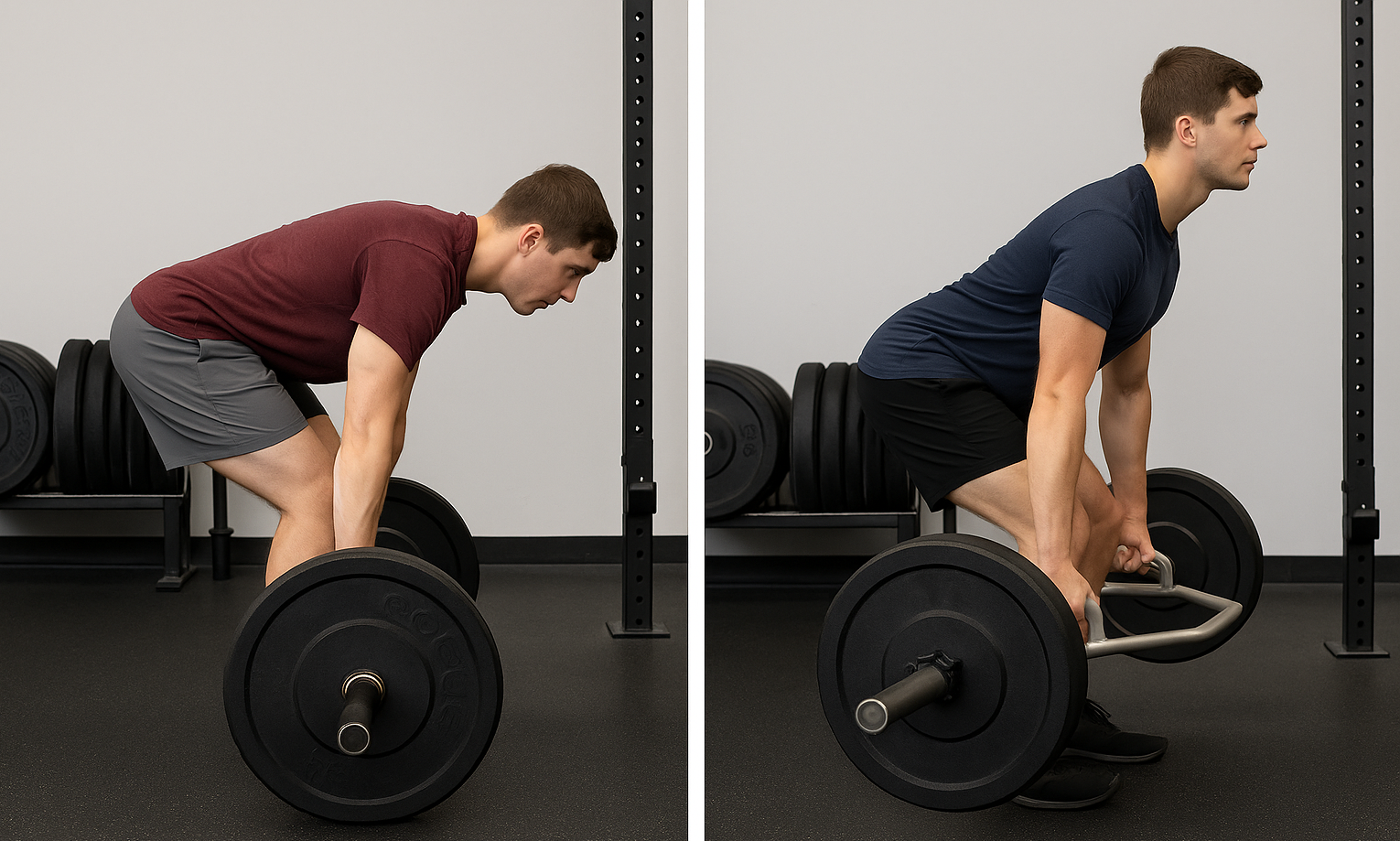 Correct and incorrect deadlift form comparison with proper hinge technique and rounded back posture