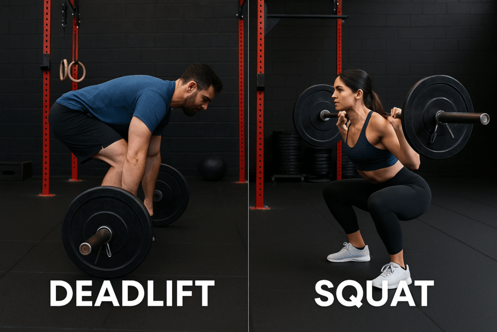 Lifters demonstrating poor deadlift and proper squat form to illustrate common causes of back pain in the gym.