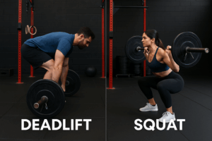 Lifters demonstrating poor deadlift and proper squat form to illustrate common causes of back pain in the gym.