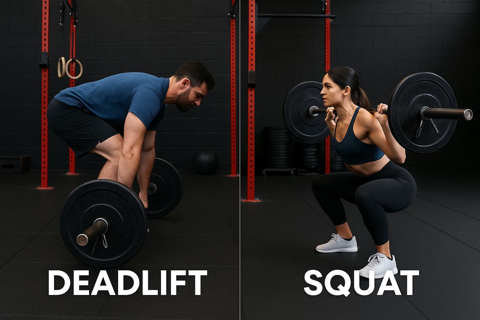 Lifters demonstrating poor deadlift and proper squat form to illustrate common causes of back pain in the gym.