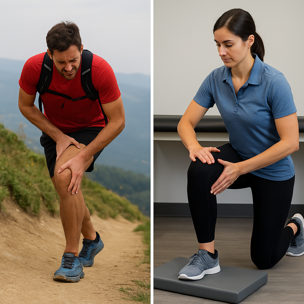 Runner experiencing downhill knee pain next to therapist demonstrating quad-strengthening exercise.