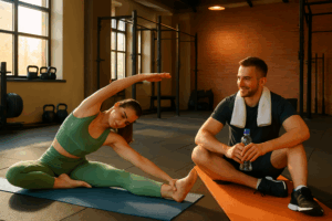 Fit man and woman in gym demonstrating active recovery and rest day options
