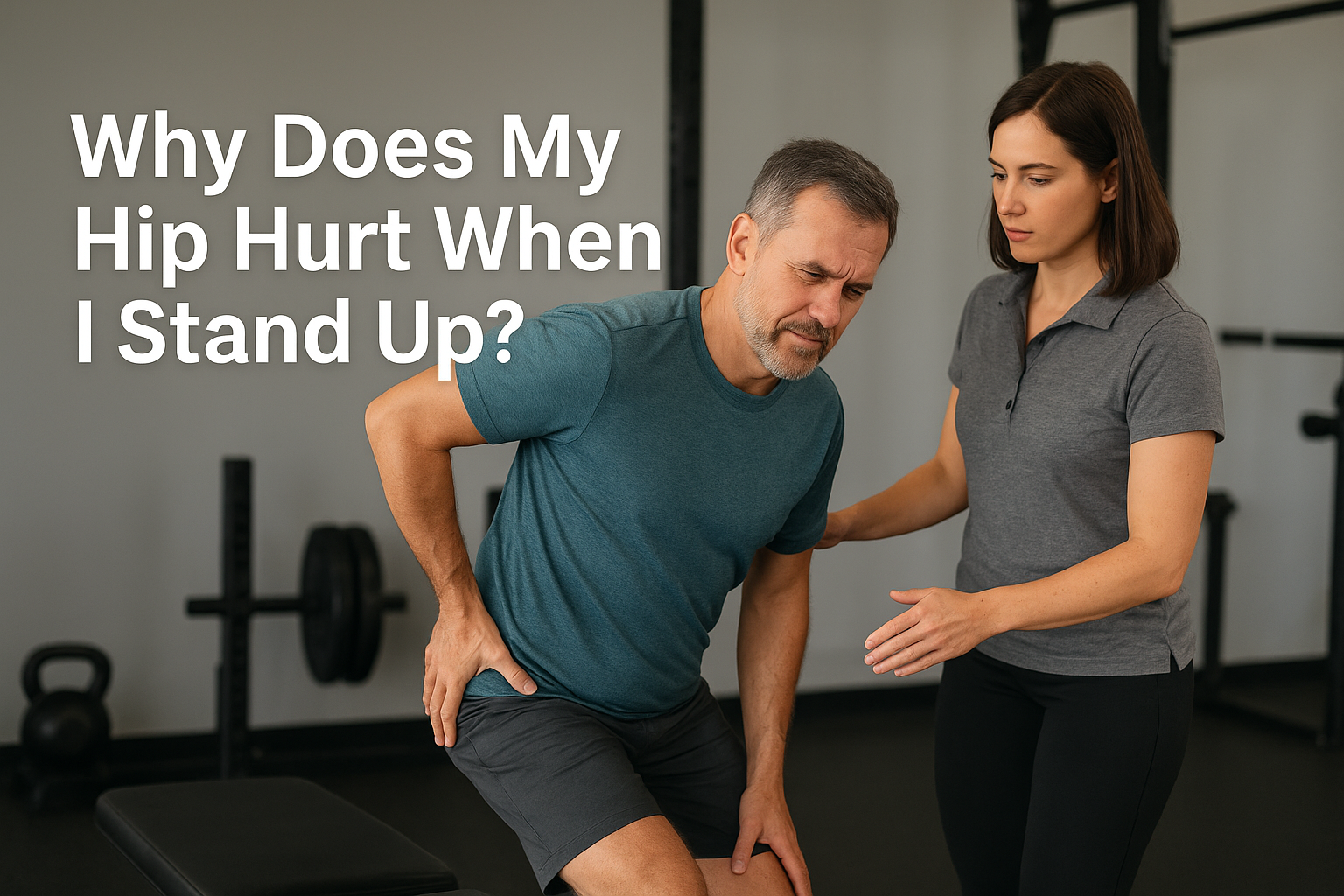 Person experiencing hip pain when standing up from a chair in a gym setting